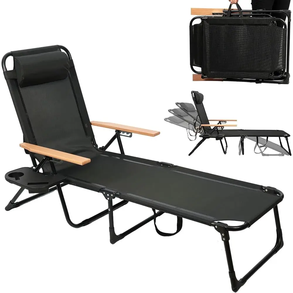 

Portable Camping Cot with Cup Holders and Wooden Armrests, 5-Position Beach Lounger for Patio, Poolside, Lawn, Supports up to 35
