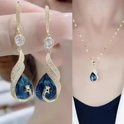 Elegant Luxury Exaggerated Blue Peacock Crystal Long Tassel Earrings Necklace for Woman Vintage Personality Jewelry Party Gift