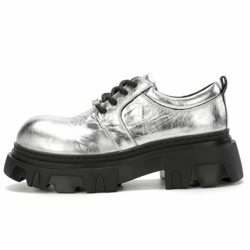 Europe/America Silver-black Original Street Show Derby Shoes for Men's Dress Shoes Genuine Leather Casual Height Increased Shoes