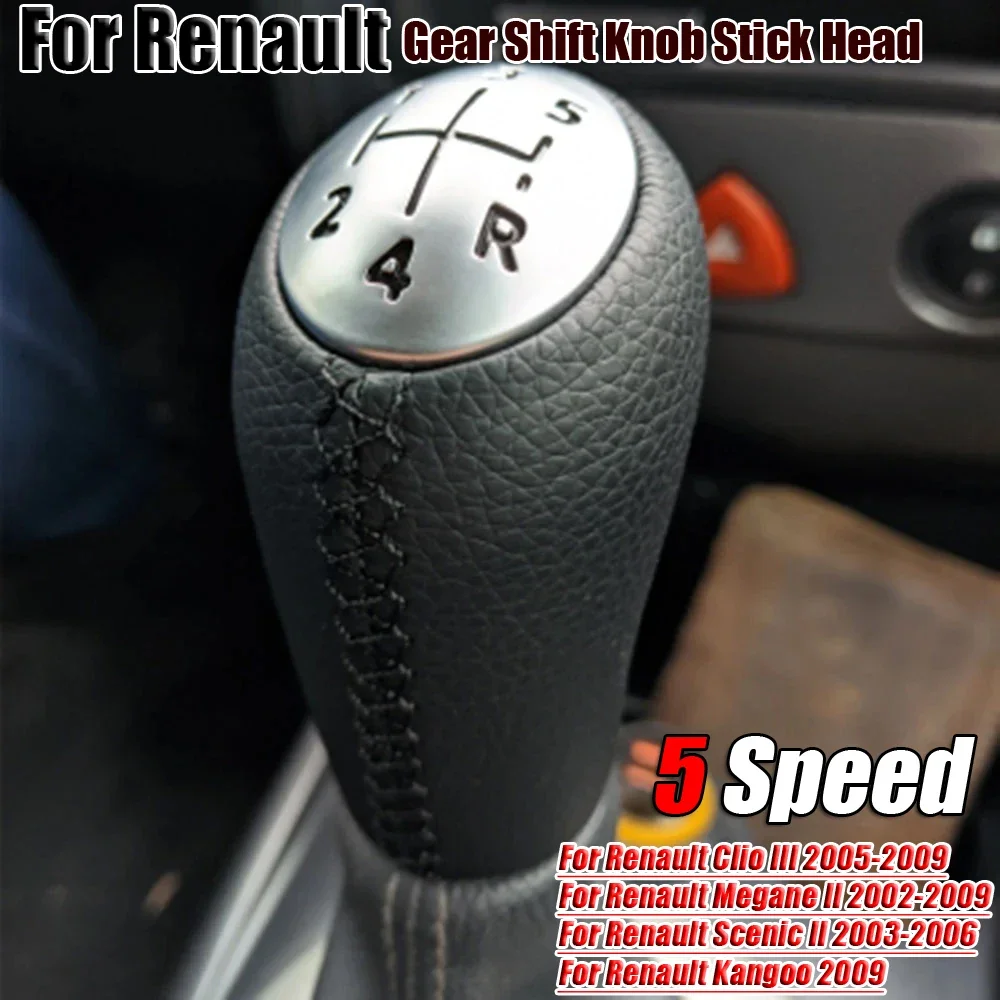 5 Speed Car MT Gear Shift Knob Stick Shifter For Renault Laguna Megane 2 Clio 3 05-09 Kangoo 2009 Chrome Leather Car Styling