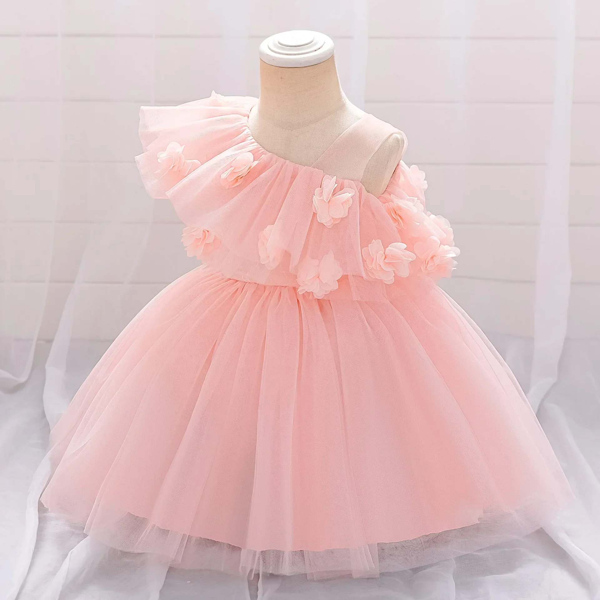Girls Sloping Shoulder Floral Mesh Ball Gown Birthday Party Emcee Piano Violin Concert Festival Performance Princess Dress ASQ03