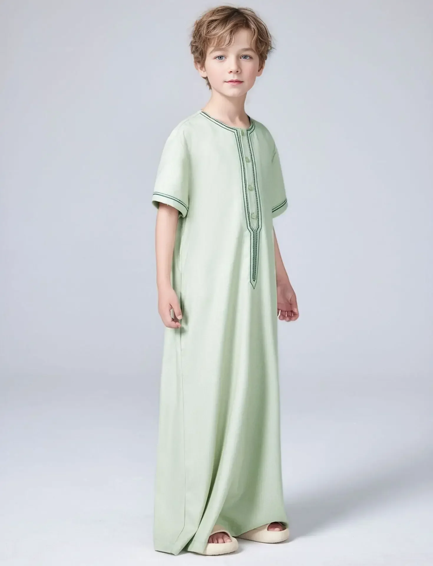 ラマダン男の子用ジュバ・トーブ・ムスリムファッション・アバヤ・中東アラブ・カフタン・半袖ローブ・ドバイ・イスラム服・子供用ロングドレス