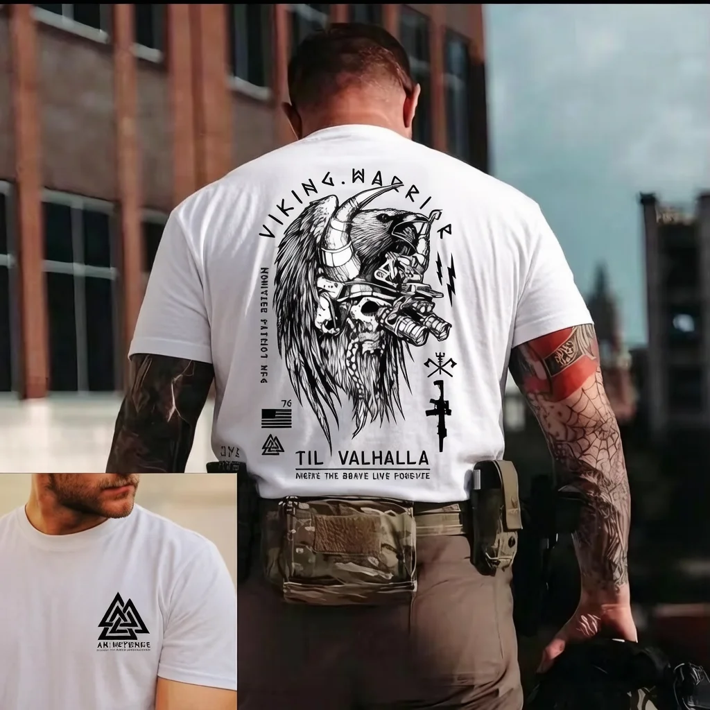 2026 New Tactical Oversized Unisex Streetwear T Shirt Family Matching Viking Warrior Til Valhalla Back Graphic Short Sleeve Tee