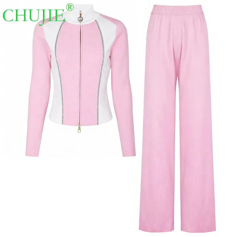 CHUJIE 2025, Frühling und Herbst, neues modisches, lässiges, schweres Strick-Internet-Promi-Freizeit-Stil, Top-Jacke + Hosen-Set