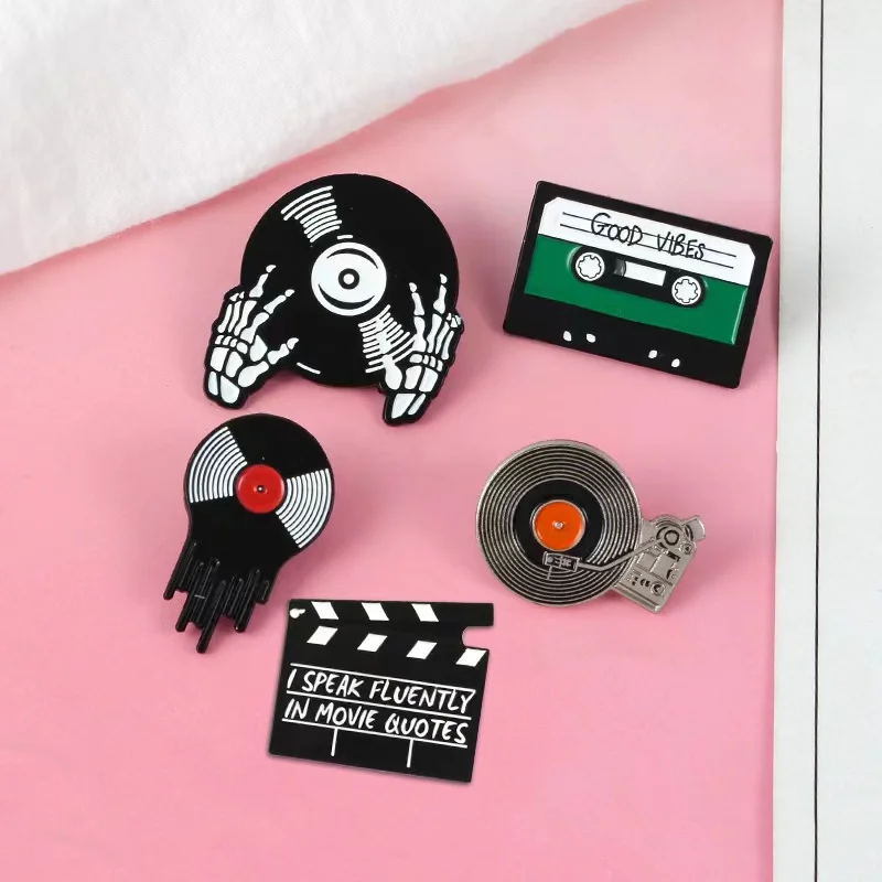 Punk Music Lovers Enamel Pins Good Vibes Tape DJ Vinyl Record Player Brooch Lapel Badges Backpack Gothic Jewelry Gifts Wholesale