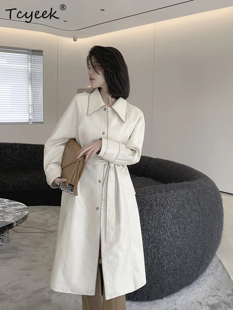 Tcyeek Echtes Schaffell Frühling Herbst Trendy Stehkragen Weiße Krawatte Lange frauen Echtes Leder Jacke Ж Ett Mohamedyddydd Mohamed