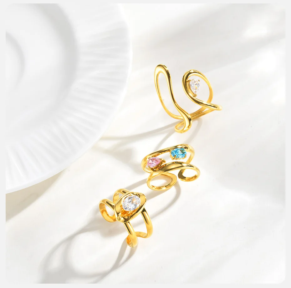 Vnox vergoldeter tropfenförmiger ovaler rosa-blauer Zirkon-Doppelschicht-Öffnungsring für Damen, glänzende Kristalle, Party-Fingerring, Schmuck – Detail 6