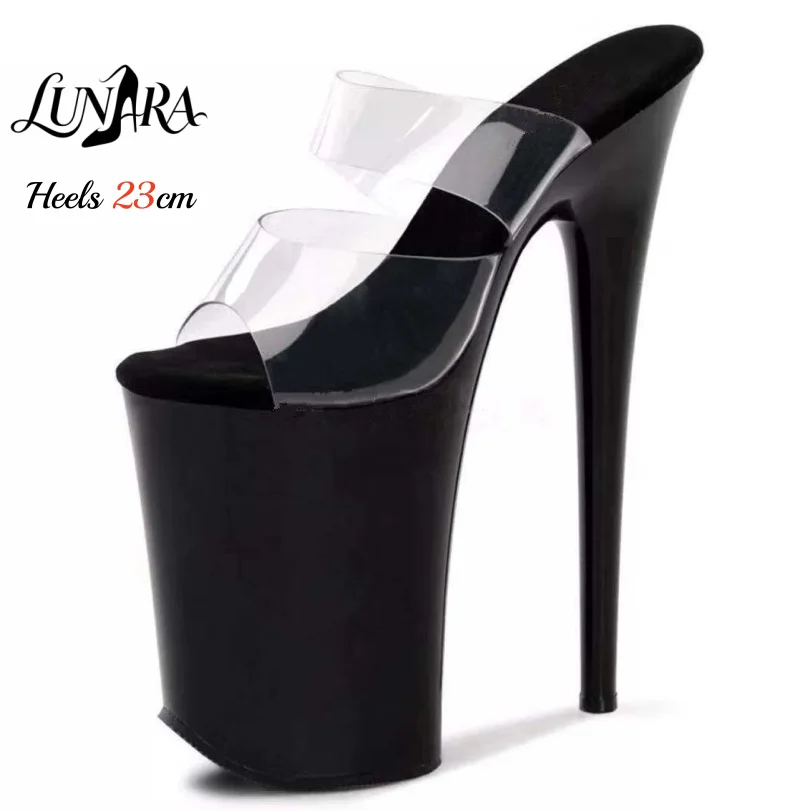 23cm/9Inch Womens Black Patent Slip On Open Toe Backless Mules Platform Extreme Stilettos Runway Pole dance Nightclub Rave