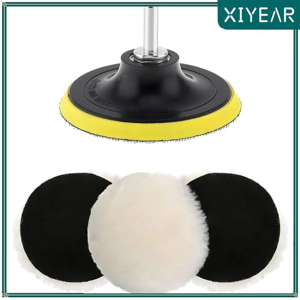 5 inchWool Polishing Buffing Pad Polisher Buffing Wheel Wool Pads with M10 Drill Rod Adapter Hook Loop Back Auto Wool Polishing