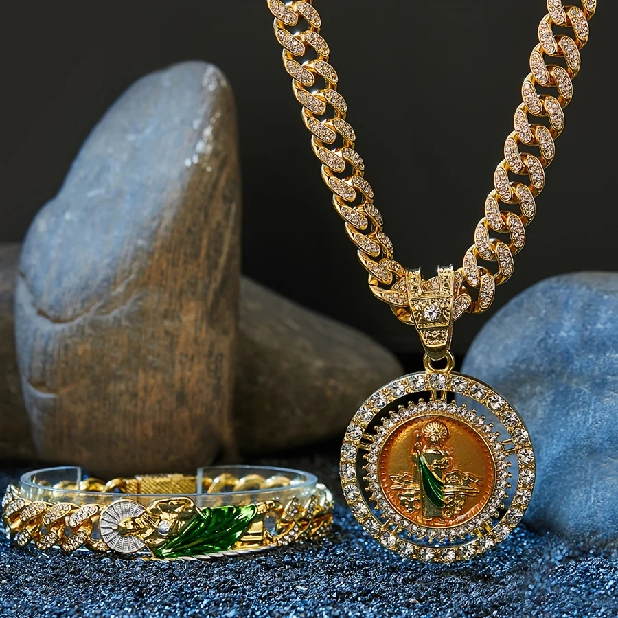 مجموعة أزياء الهيب هوب للرجال: قلادة وسوار وخاتم سانت جود - سبائك الزنك مع لهجات حجر الراين