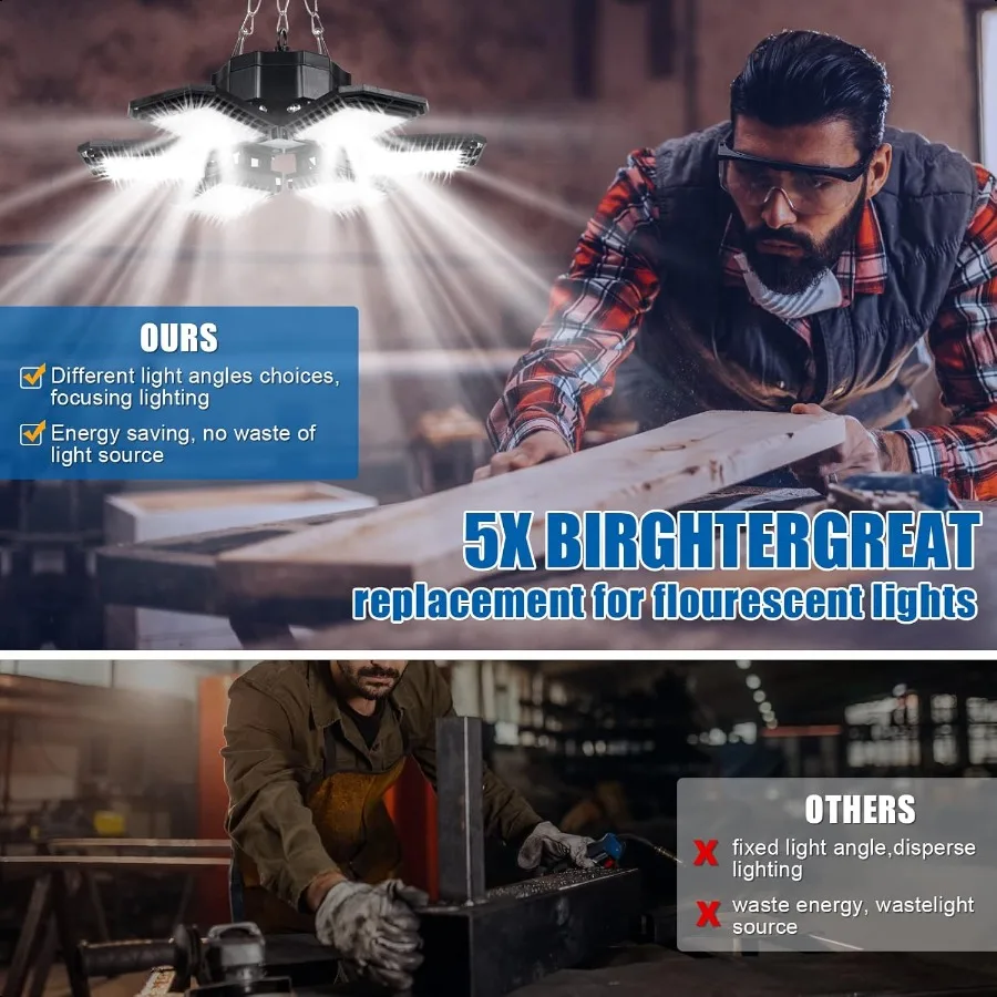 Luces LED para garaje, paquete de 2, 180W, 18000LM, 6500K, luz Led para tienda con 6 + 1 paneles deformables, luz de techo para tienda de almacén y granero en sótano