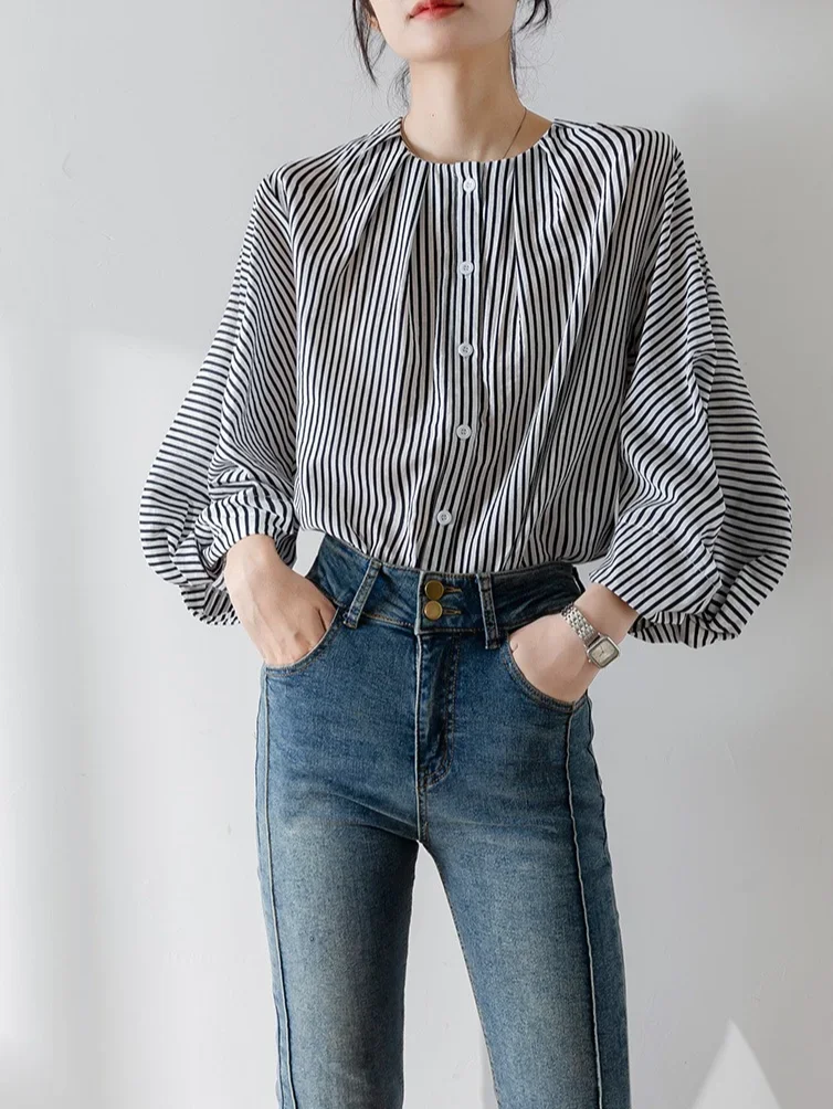 Stripes Vintage Women Blouses Spring/summer New Casual Women's Shirts Loose Korean Clothing Sales O-neck Chiffon Tops