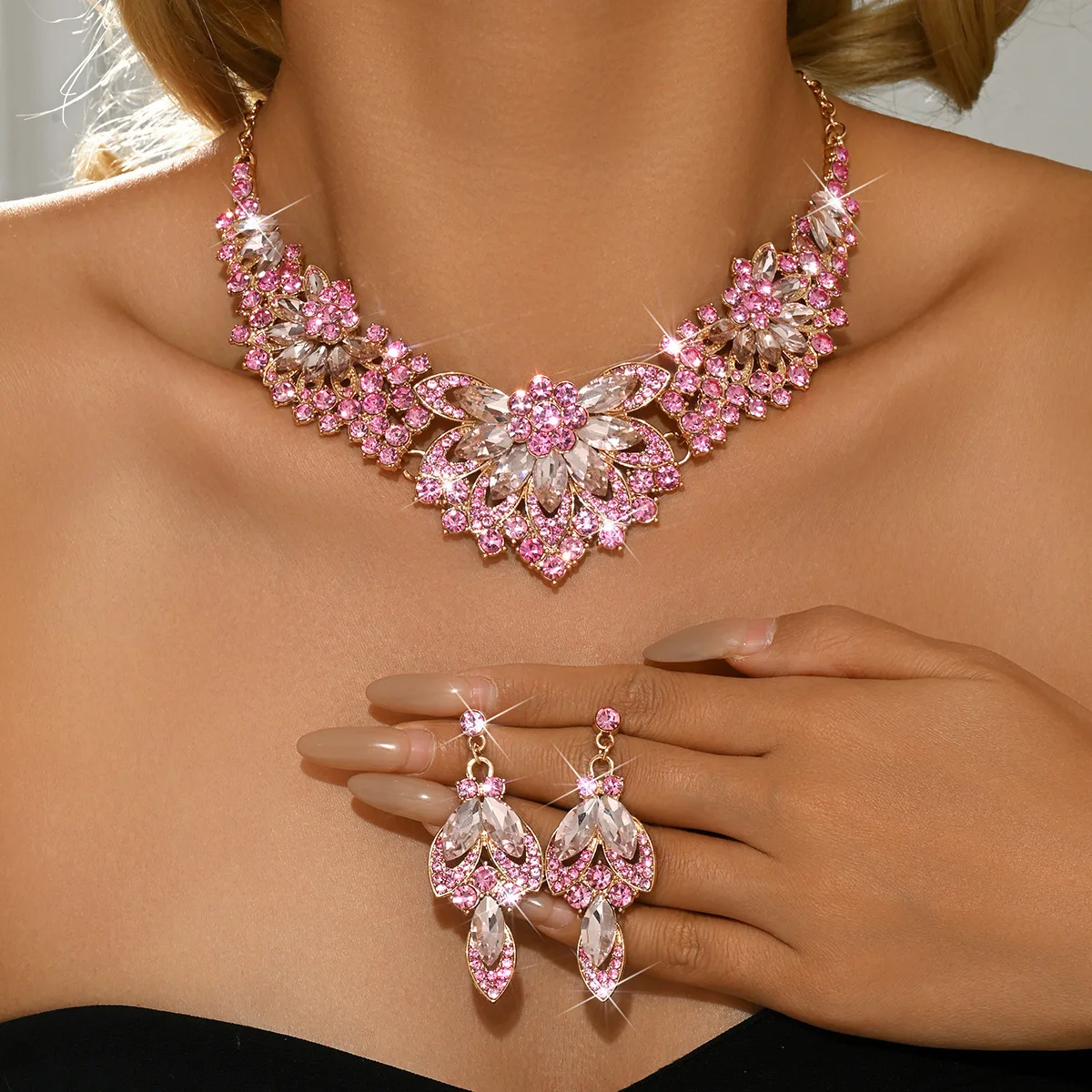 New Marquise Leaf Rhinestone Necklace Earrings Set for Women Bridal Cluster Statement Regal Ornate Court Elegant Prom Party Gift