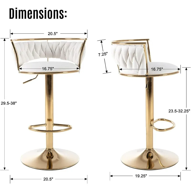 Modern Velvet Adjustable Barstools Set of 2, 360° Swivel Counter Stools with Golden Base Upholstered Open Back Tall Bar Chairs