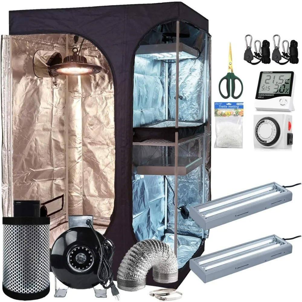 36''x24''x53'' 2-in-1 Mylar Grow Tent + 4'' Fan Filter Ventilation Kit + 300W UFO LED Full Spectrum Grow Light + 2PCS 24W