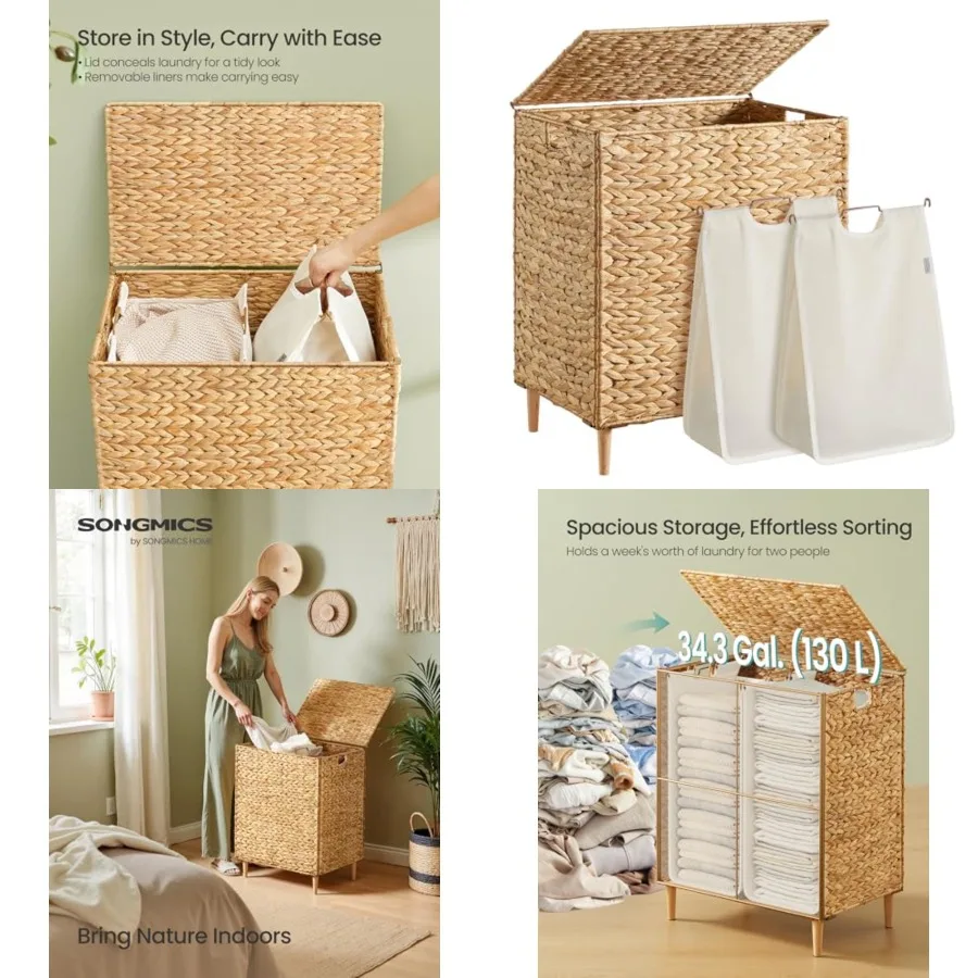 

Laundry Hamper 2 Sections, 34.3 Ga. Handwoven Water Hyacinth Wicker aundry Basket with id, Material, Removable Machine Washable