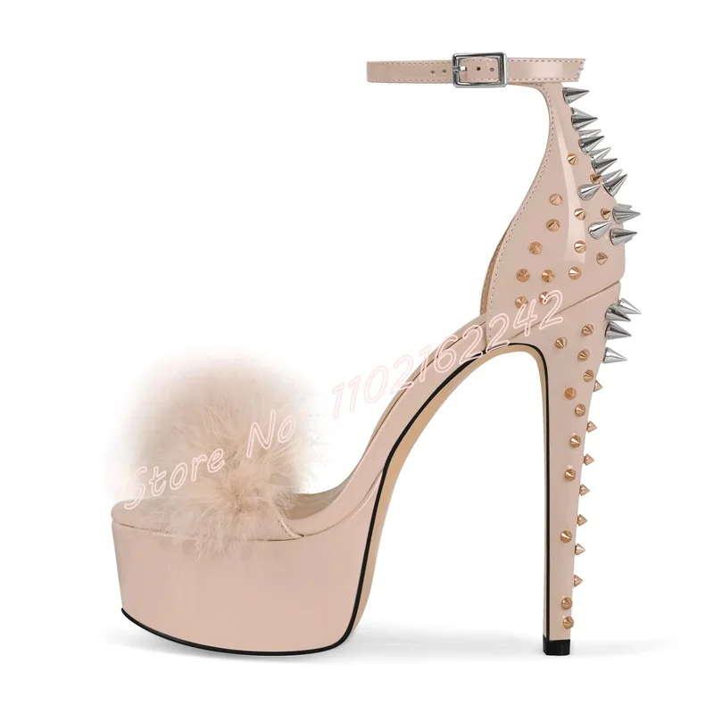 

Summer Fur Rivet Platform Shoes Round Toe Stiletto Buckle Strap Sandals Fashion Party Wedding High Heels Big Size Zapatos Mujer