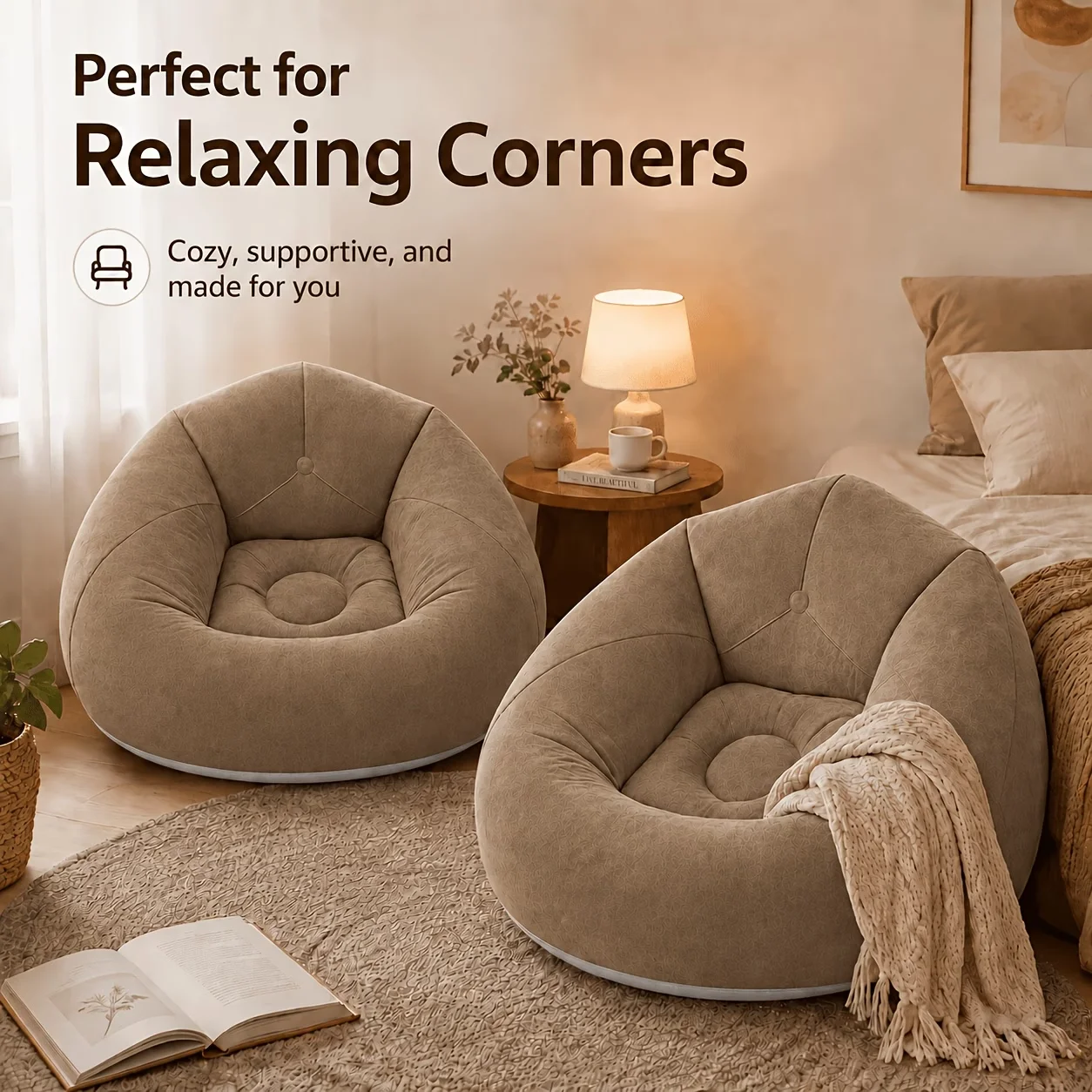 2pcs Inflatable Lounge Chair Set, Soft Flocked Single Sofa Chairs with Wraparound Backrest, Cozy Seating for Living Room, Bedroo
