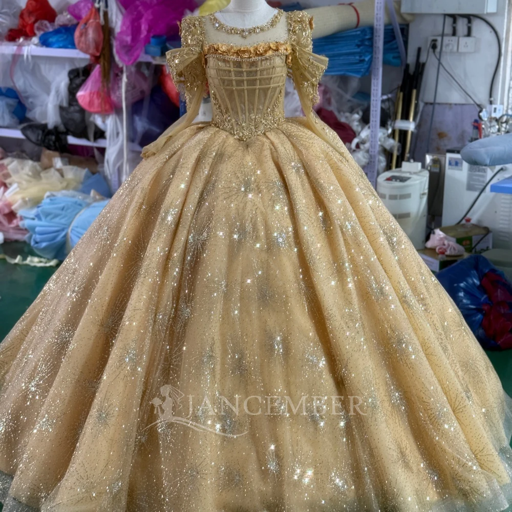 

Customized Gorgeous Wedding Dresses Ball Gown O-Neck Long Sleeve Sequins Floor-Length Pearl Beading Bride Dress Vestido de novia
