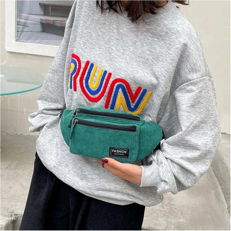 Corduroy Women\'s Waist Bag Small Canvas Ladies Casual Shoulder Crossbody Bags Fashion Fanny Pack Female Solid Color Chest Bag