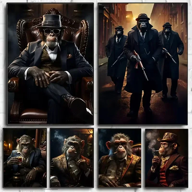 Lustiges Rauchendes Affen-Chimpansen-Poster im Anzug, Gorilla-Gangster-Kunstposter, Leinwanddruck, Wandbild für Wohnzimmer und Heim-Dekoration