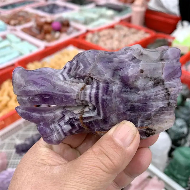 Natural Dream Amethyst Wolf Head Carving Reiki Faith Handicraft Ornaments Healing Home Decoration Gift 1PCS