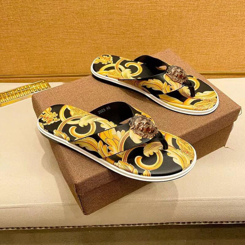 Leather yellow printed men\'s flip-flops summer and autumn high-end slippers beach shoes T38