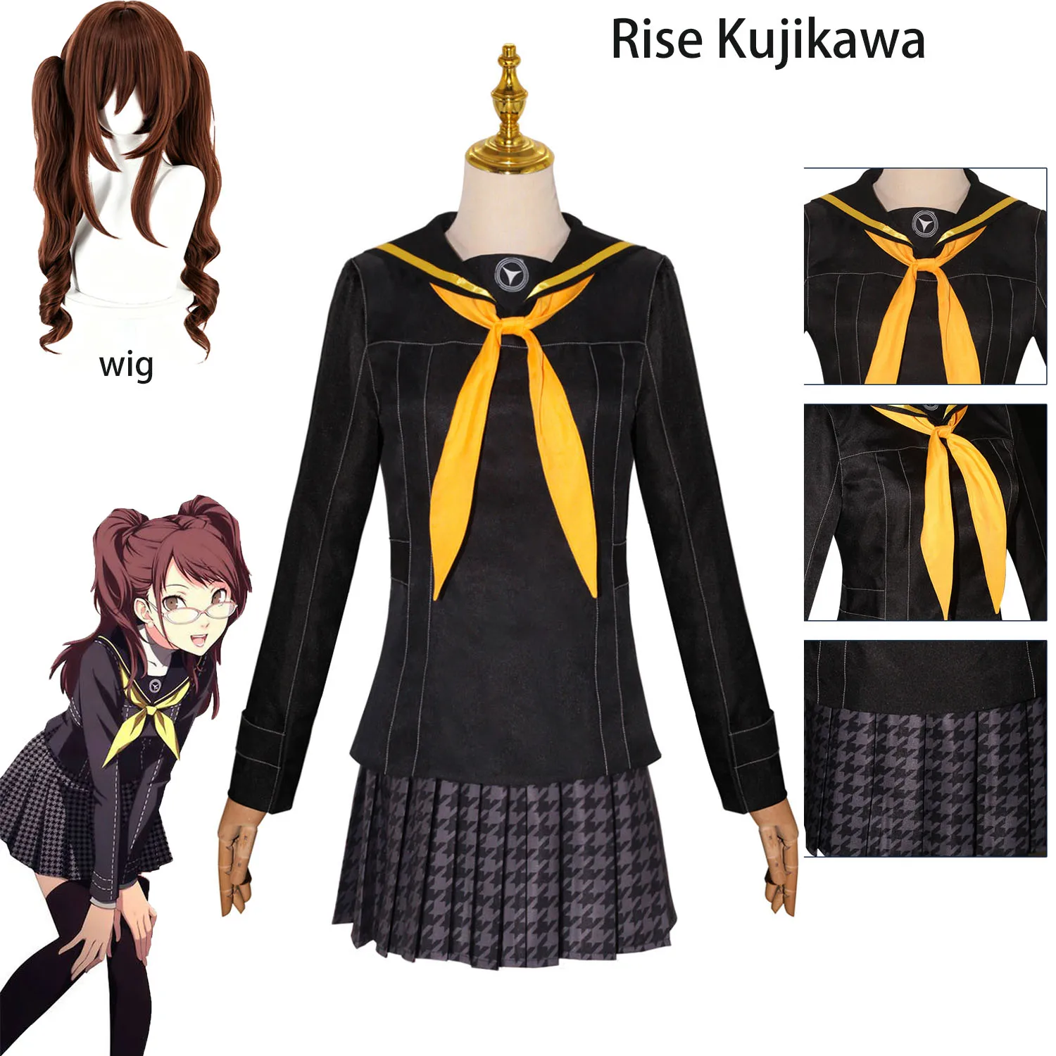 Costume de cosplay complet du jeu Persona 4 Golden Rise Kujikawa, comprenant une perruque marron à deux queues, un haut marin noir et une jupe pied-de-poule