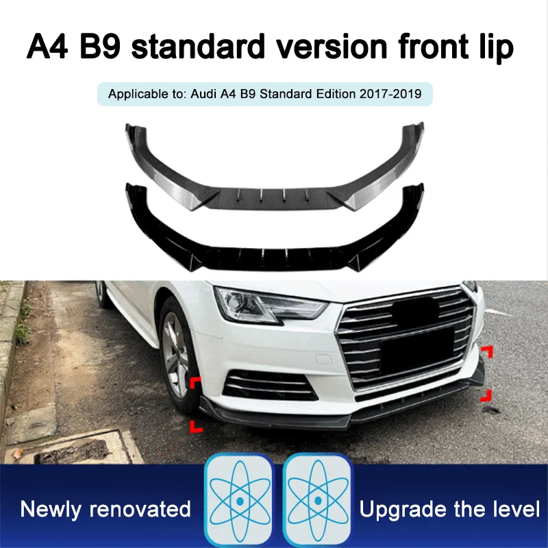 1Set Black ABS 3‑Segment Front Lip Spoiler Corner Surround Modification Accessories For Audi A4 B9 Standard Edition 2017‑2019