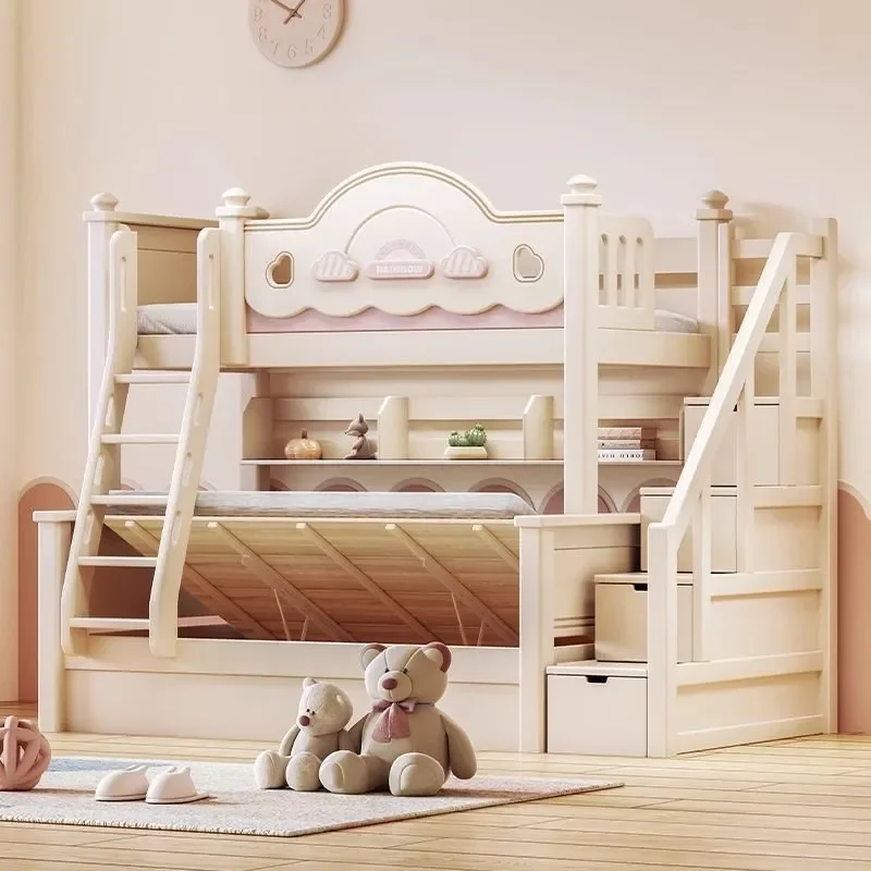 Solid Cherry Wood Bunk Bed Double Layer High Low Princess Bed Multi Functional Adult Children Two Tier Sleeping Furniture