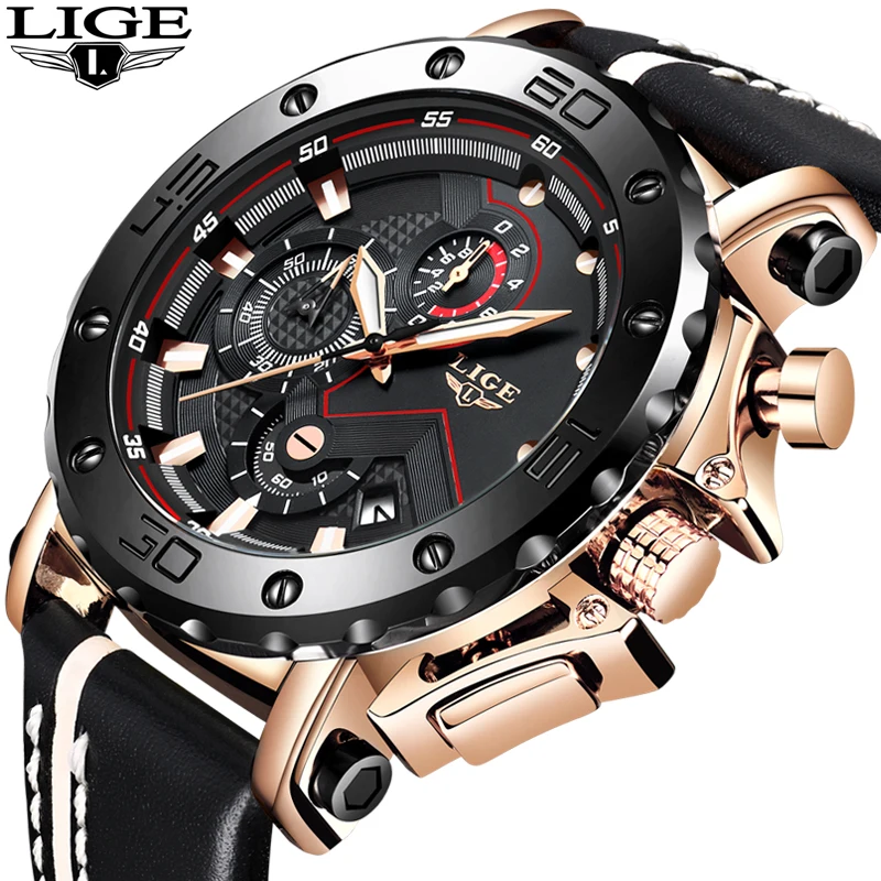 

LIGE Fashion Big Dial Leather Mens Watches Top Brand Luxury Quartz Watch For Men Military Waterproof Wristwatch Business Clock