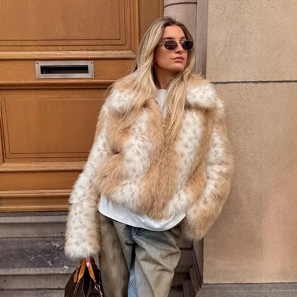 Women Faux Fur Short Coats Jackets Turn Down Collar Print Coat Thick Warm Y2k Streetwear Jacket Elegant Work 2026 Autumn Winter