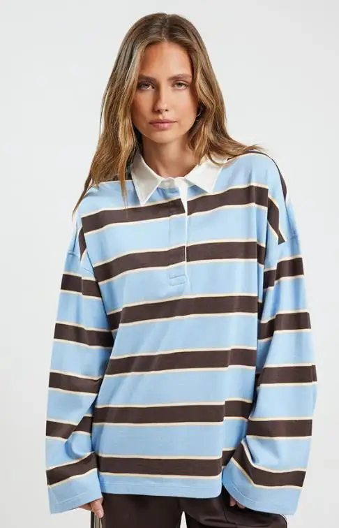 Camiseta informal para mujer, Tops de manga larga a rayas con cuello vuelto, Tops de manga larga para mujer, Tops informales cómodos para otoño