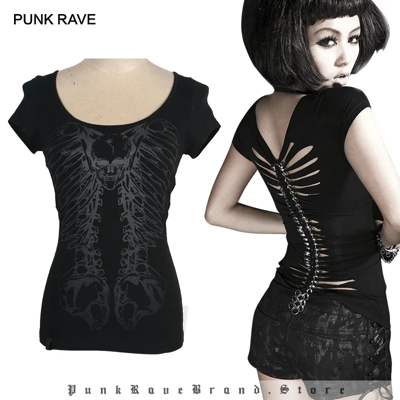 PUNK RAVE Punk Girls Club Hollow-out Summer Black Slim Skull Print T-Shirt Gothic Popular Visual Kei Sexy Cotton Tees Top