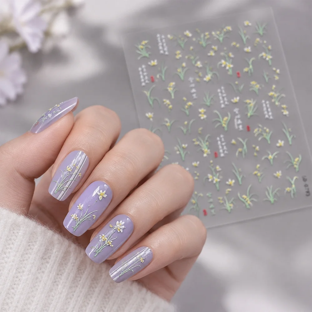 1Pc Raised Flower Nail Sticker Delicate Orchid Calligraphy Embossed Self Adhesive Red Dot For Spring Home Manicure DIY Kit