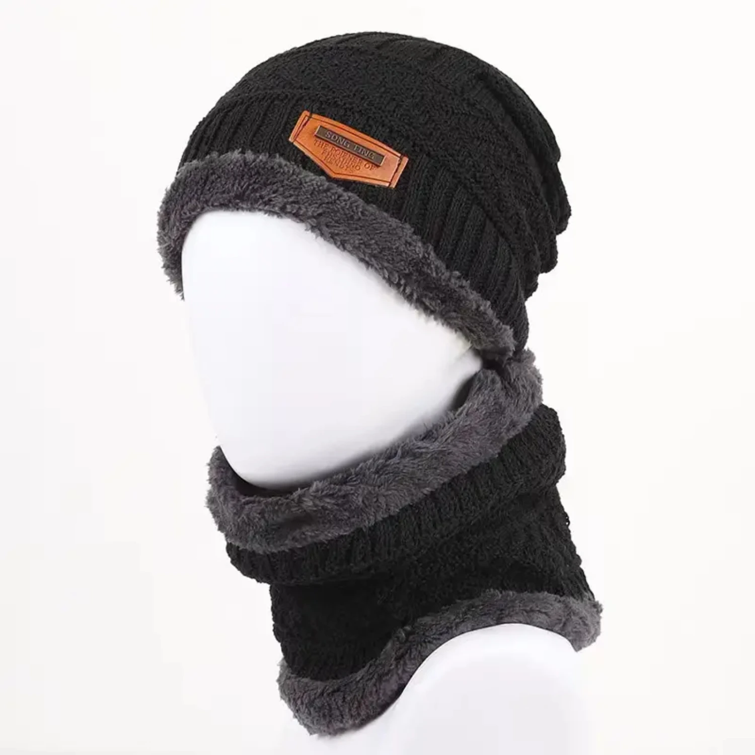 Men's Casual Style Polyester Beanie Hat and Scarf Set - Stay Cozy and Stylish!