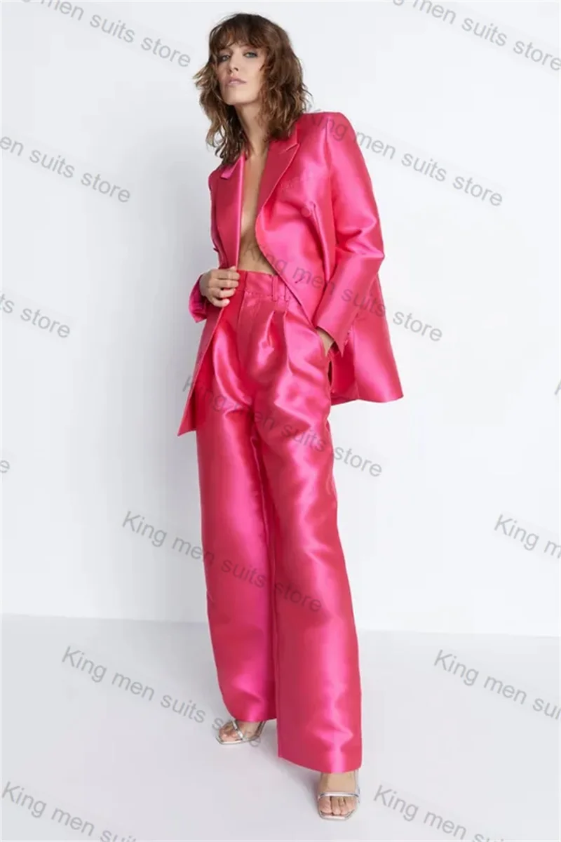 

Pink Satin Women Suit Set 2 Piece Blazer+Pants Trousers Custom Made Formal Office Lady Mother Guest Wedding Tuxedo Jacket Coat