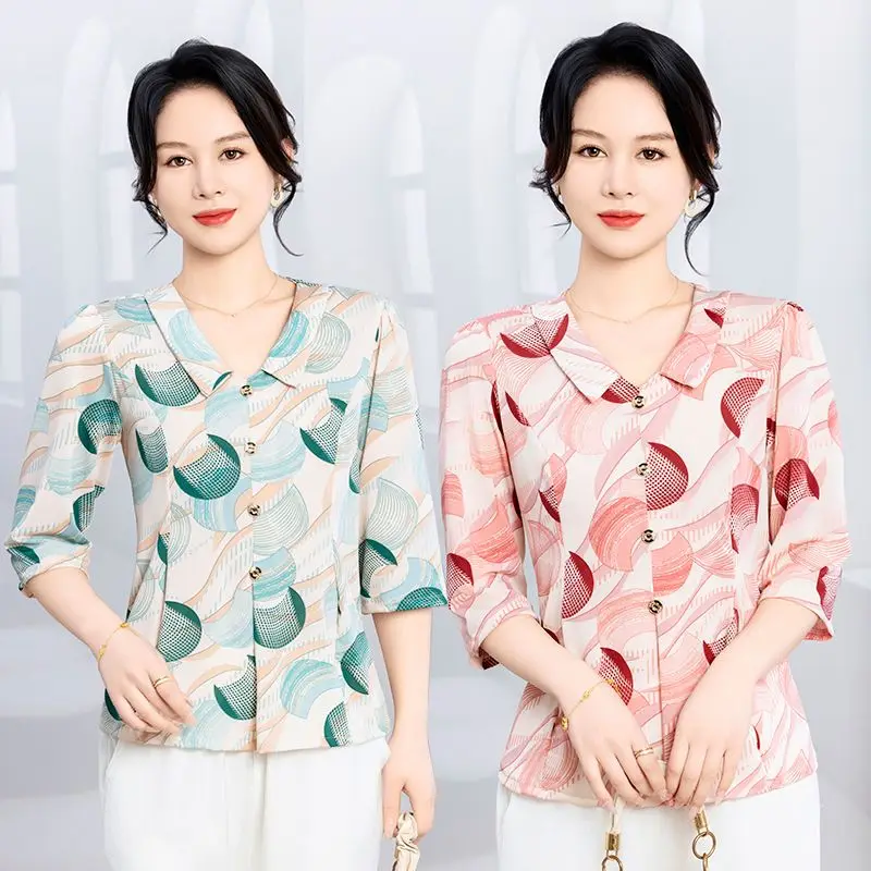 Mutter Frühling Sommer Pendeln 3/4 Ärmel Eis Seide Hemd Senior frauen Lose Große Größe Hemd Dünne Basis hemd
