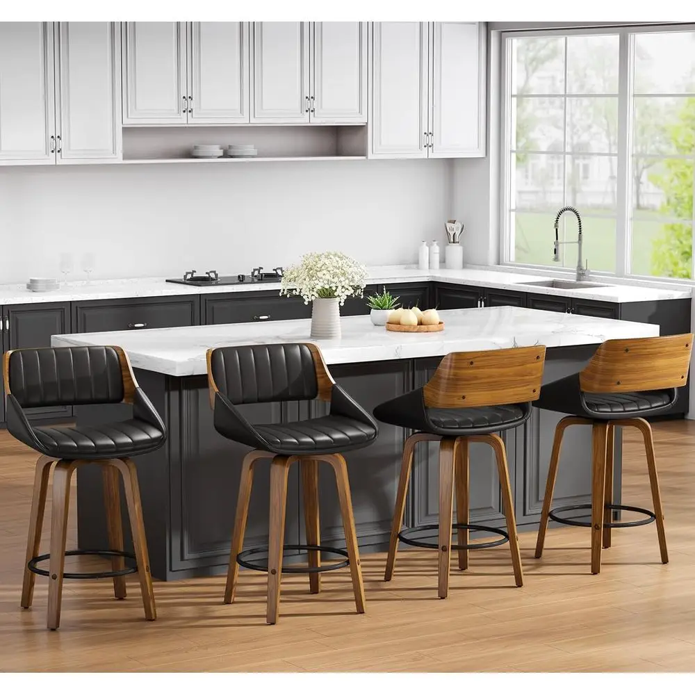 

Set of 4, 26 Swivel Counter Height Bar Stools with Walnut Bentwood Back and Legs, Modern Leather Upholstered Chairs for Bar, Kit