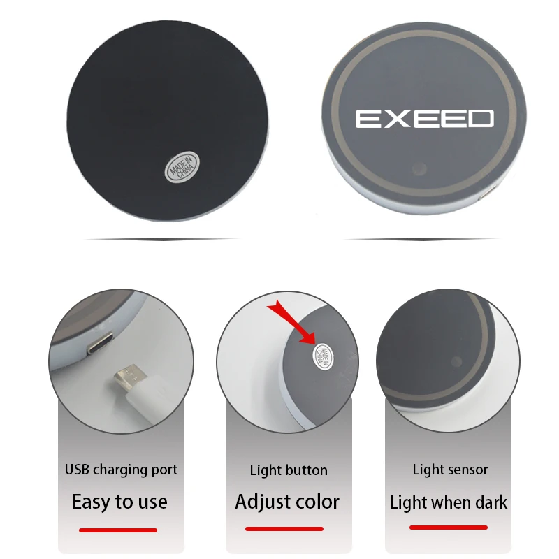 مضيئة سيارة كأس الماء كوستر حامل 7 الملونة Led مصباح لتهيئة الجو USB شحن لشيري Exeed RX LX TX TXL VX اكسسوارات #5