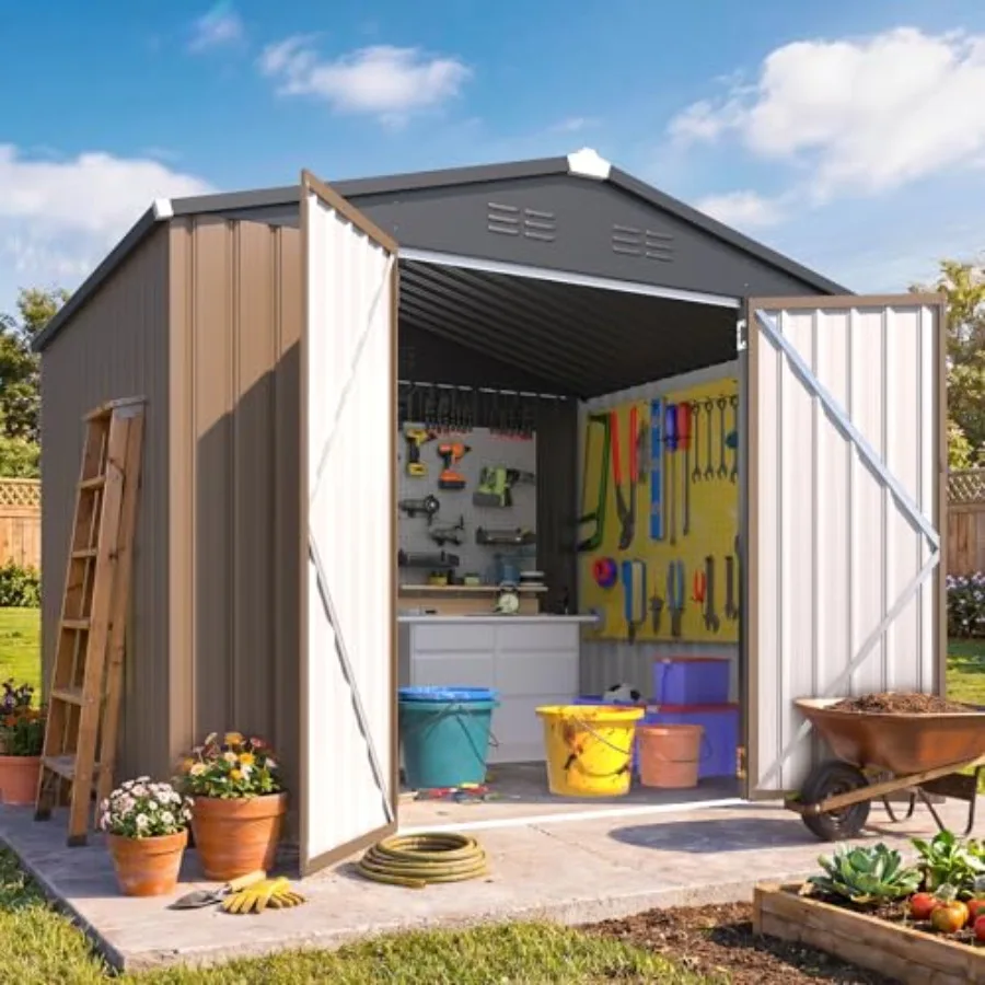 Outdoor Metal Storage Shed for Backyard and Patio: Heavy Duty Galvanized Steel, Charcoal Gray, Lockable Double Hinged Door, Com
