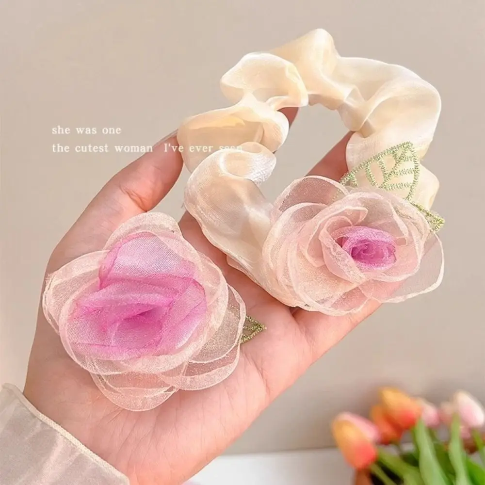 Yarn Rose Flower Hair Ring Hair Accessories Flower Shape Mesh Yarn Hair Rope High Elasticity Hairpin Hair Scrunchies Women