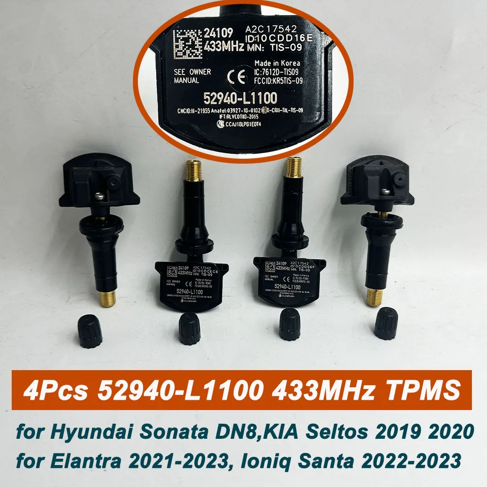 4 pces 52940l1100 52940-l1100 sensor de pressão dos pneus para 2019-2023 kia sedona optima sorento k5 hyundai elantra tucson sonata 433mhz