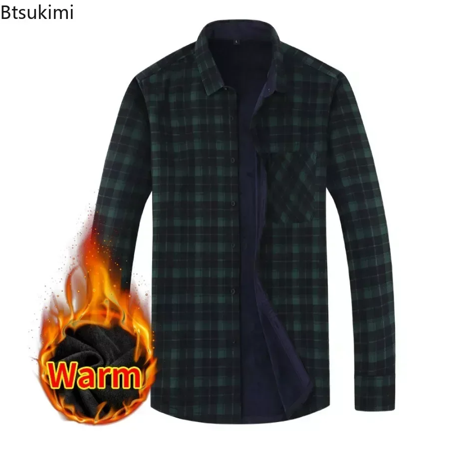 2025 Men's Winter Warm Long Sleeve Plaid Shirts Pocket Design Thicker Fleece Casual Shirts Male Club Party Shirts for Men Tops