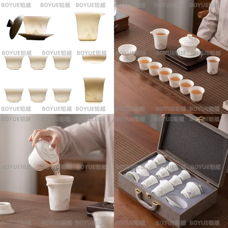 Handmade Ceramic Gaiwan Tea Set with Gold Landscape Pattern Sancai Porcelain Cover Bowl Traditional Chinese Kung Fu Teaware