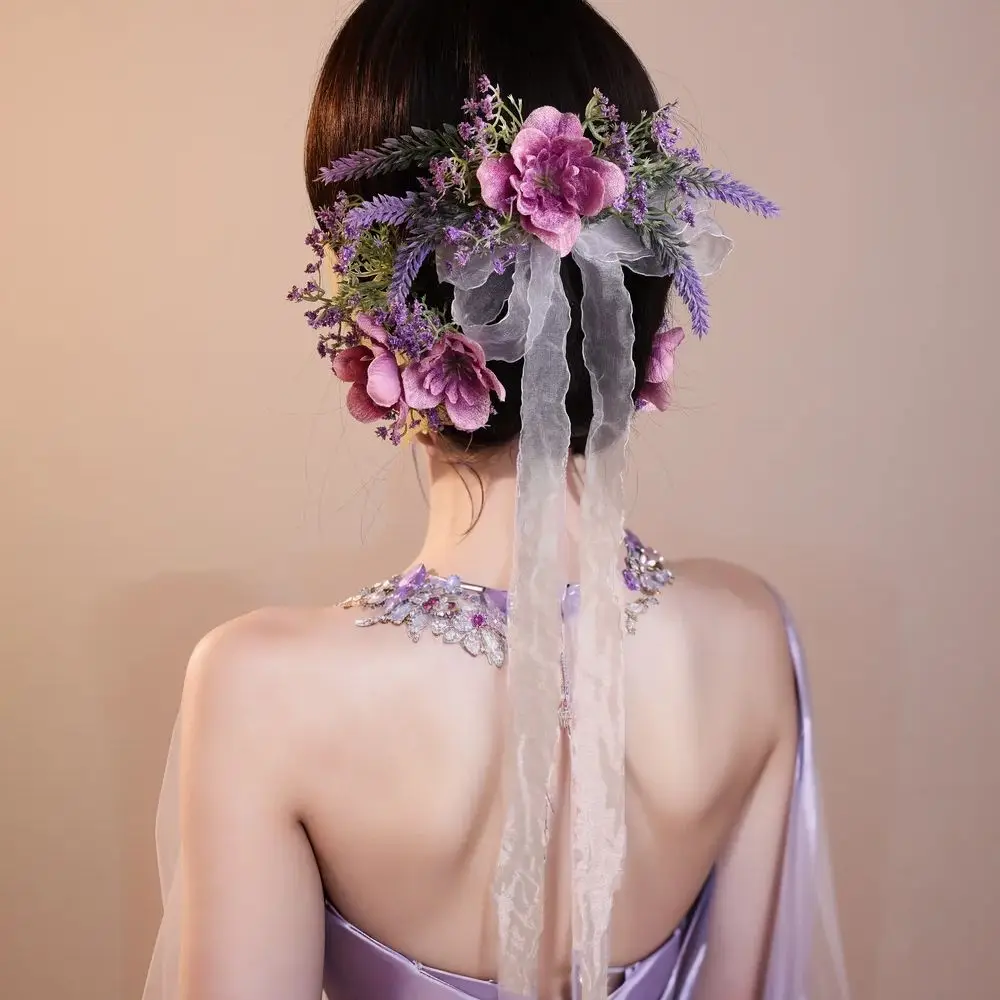 5 Stück handgemachte lila gefälschte Blumen Haarspangen Lavendel Haarnadeln für Frauen Braut Schleife Band Hochzeit Haarschmuck
