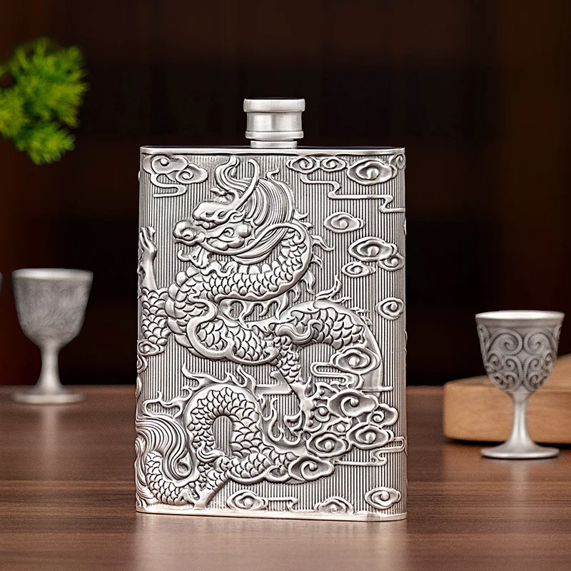 Hip Flasks Sterling Silver Wine Pot Carry-on Long Feng Chengxiang Portable Liquor Pot Household Foot Silver 999 Vintage Wine Set