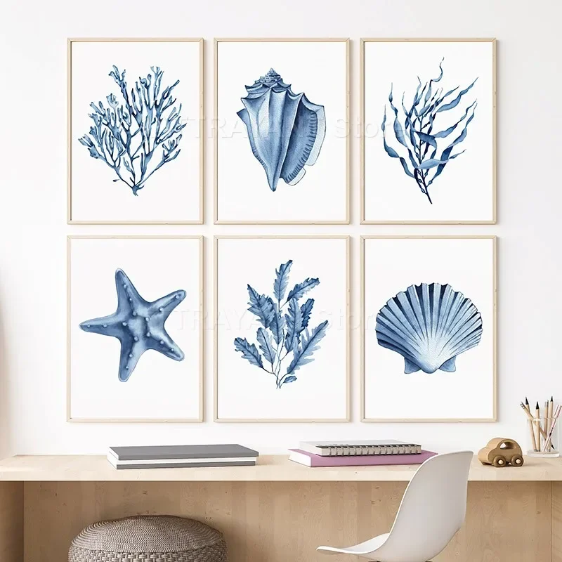 Watercolor Coral Seaweed Starfish Shell Conch Navy Blue Posters Prints Wall Art Canvas Painting Pictures For Living Room Deco