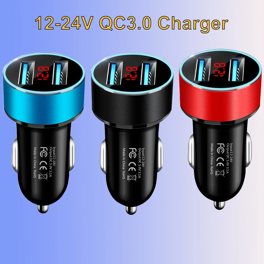 Car Charger Dual USB QC3.0 Quick Charging Phone Charger 12V -24V Cigarette Lighter Socket with LED Voltmeter Display