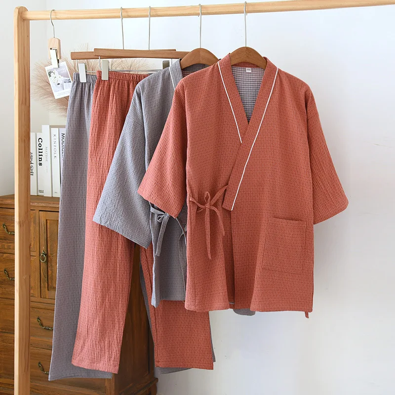 2026 Frühjahr/Sommer Neues Japanisches Kimono-Set für Paare, 100% Baumwolle, Lässiger Zweiteiler für Männer und Frauen, Gemütliche Hauskleidung mit Fellbesatz, Schlafanzug – Detail 2